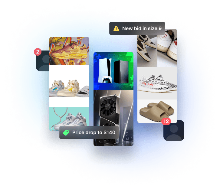 Collection of items found on StockX including shoes and GPUs, with alerts for price drops and new bids