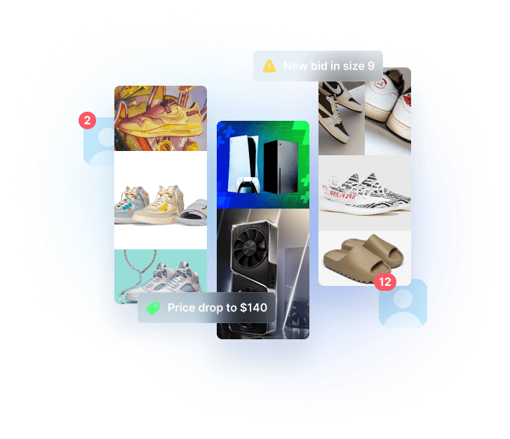 Collection of items found on StockX including shoes and GPUs, with alerts for price drops and new bids